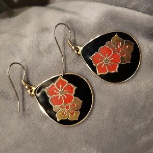 Enameled Hibiscus Dangle Earrings - VTG